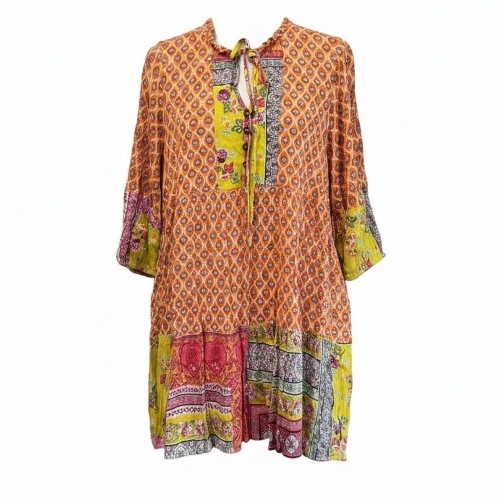 Womens L Tunic Dress Boho Patchwork Floral 3/4 Sleeve Pocket Cottagecore Peasant